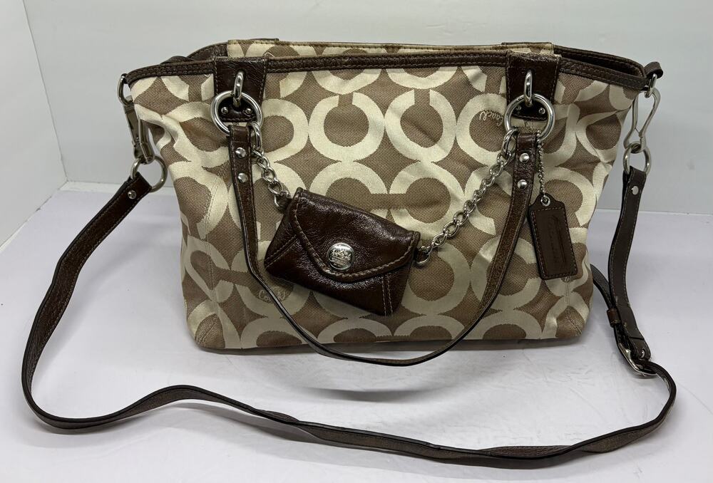 Coach Op Art Charm Tote Bag Purse #14841 Brown Leather With Attached Coin Purse